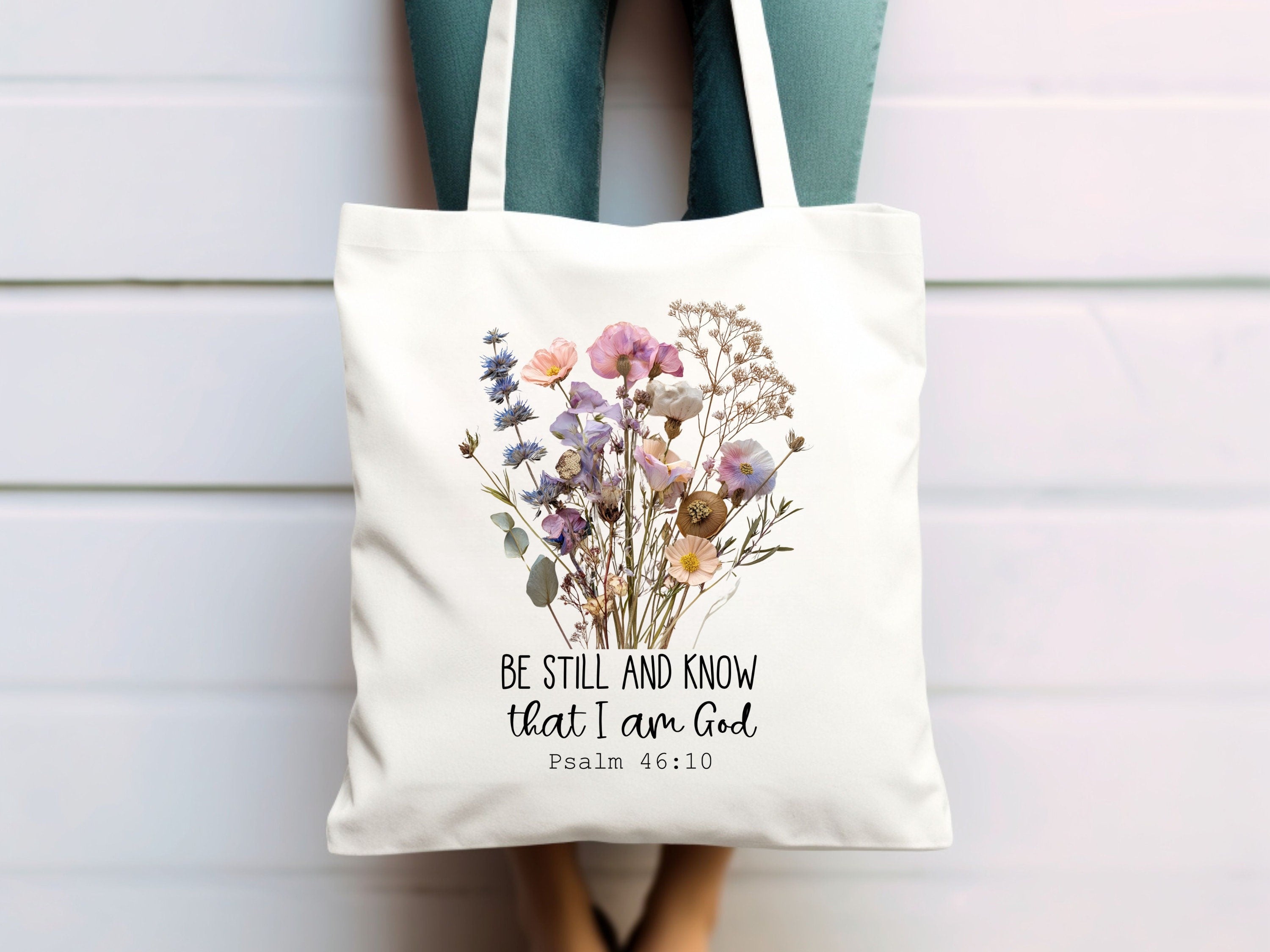 Boho Christian Tote Bag – Be Still and Know Psalm 46:10 – Floral Bible Verse Bag – Faith-Based Gift for Women – Reusable Canvas Tote – Religious Accessories TBLAF14